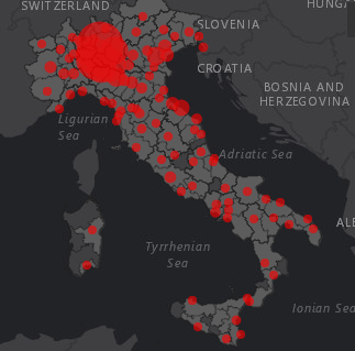 Mappa della situazione dei contagi in italia della Protezione Civile